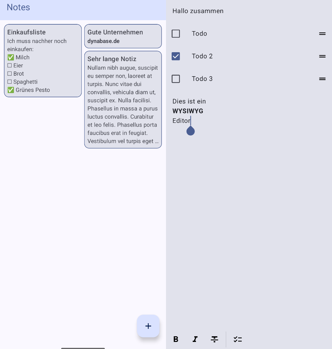 Android-Notes Ein Bild der selbstgebauten App "Android-Notes" welches Frei Texte mit To do Listen kombiniert