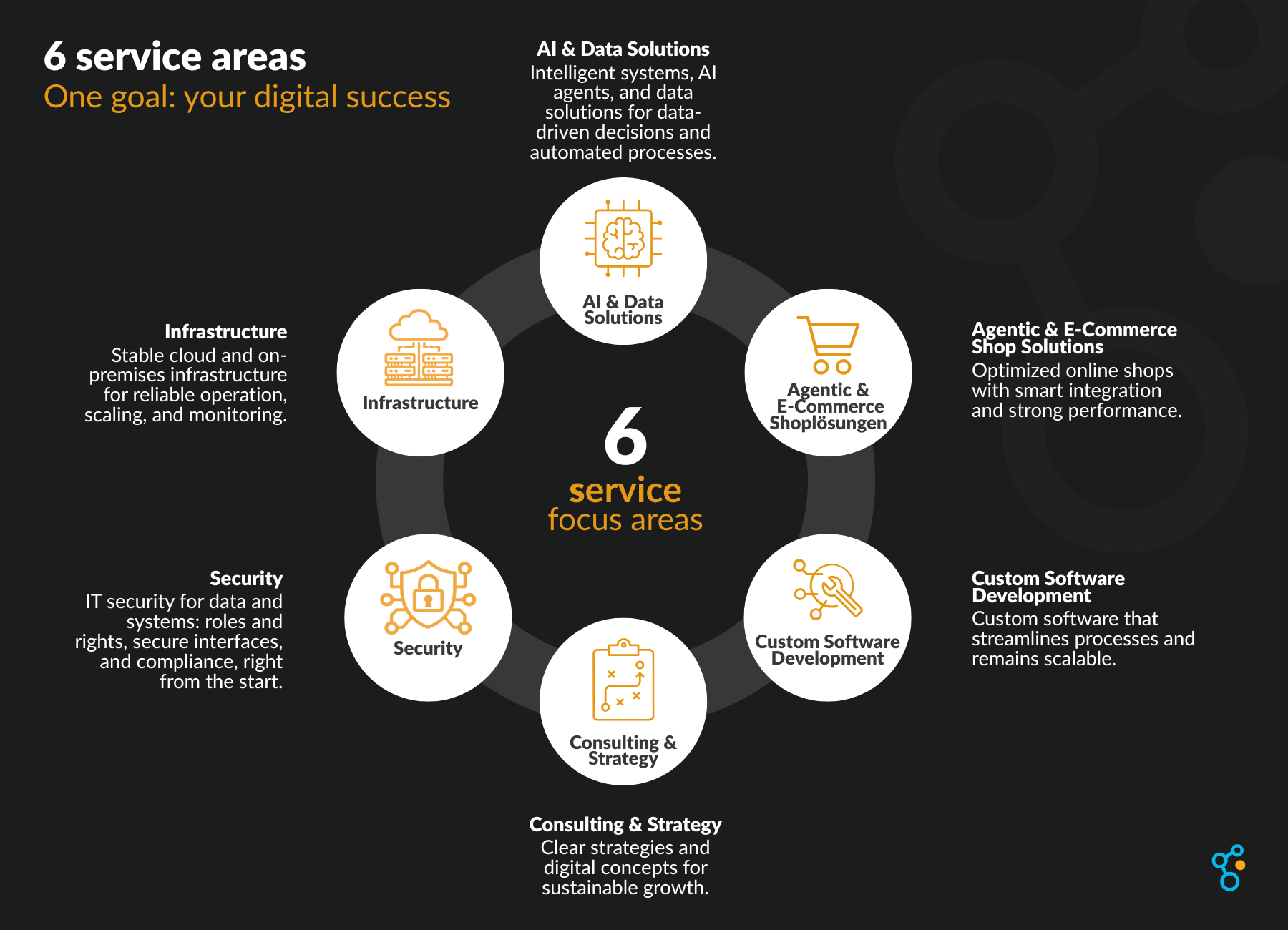 6 service focus areas: AI , Data Solutions, E-commerce, Shop Solutions, Custom Software, Consulting, strategy, Talent Sourcing, Recruiting, UX/UI Design