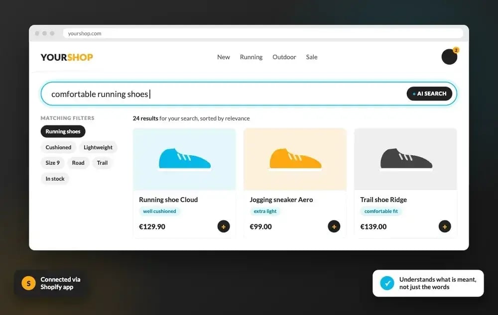 Mandelbaum.ai AI product search in a Shopify shop: searching for “comfortable running shoes” shows matching running shoes and automatically generated filters