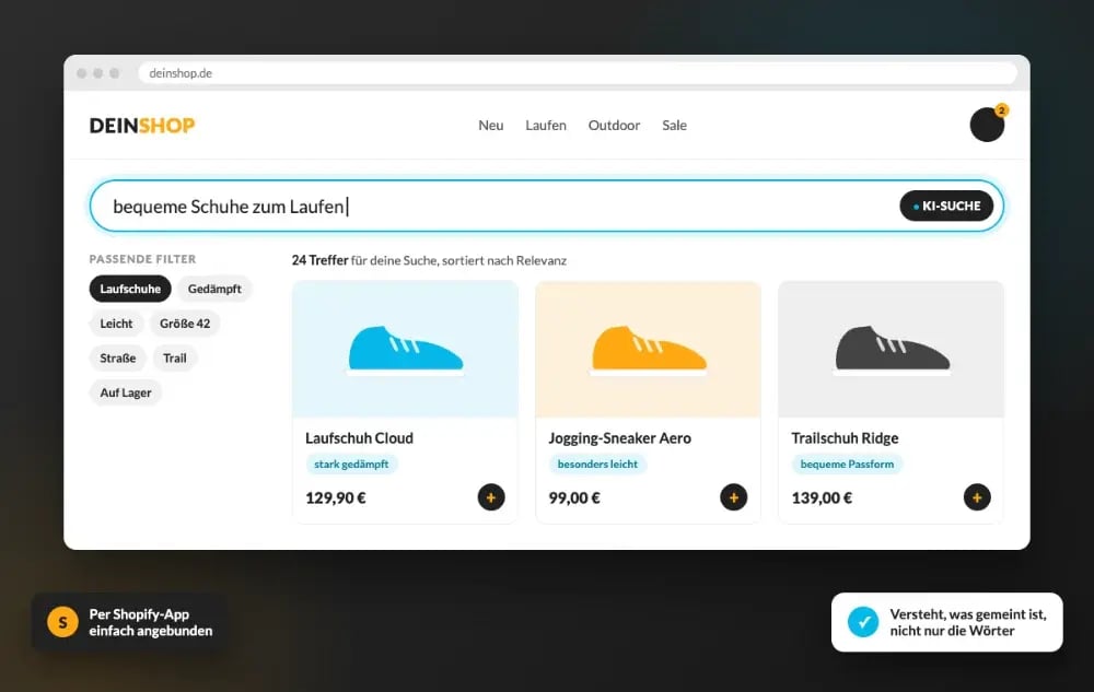 KI-Produktsuche Mandelbaum.ai in einem Shopify Shop: Die Suche nach „bequeme Schuhe zum Laufen“ zeigt passende Laufschuhe und automatisch erzeugte Filter