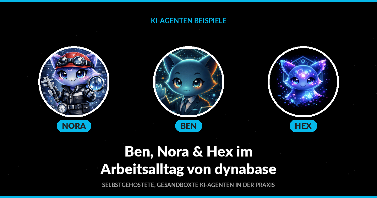 Three AI agent mascots—Nora, Ben, and Hex—in round portraits, with the headline “Ben, Nora & Hex in a typical workday at dynabase”